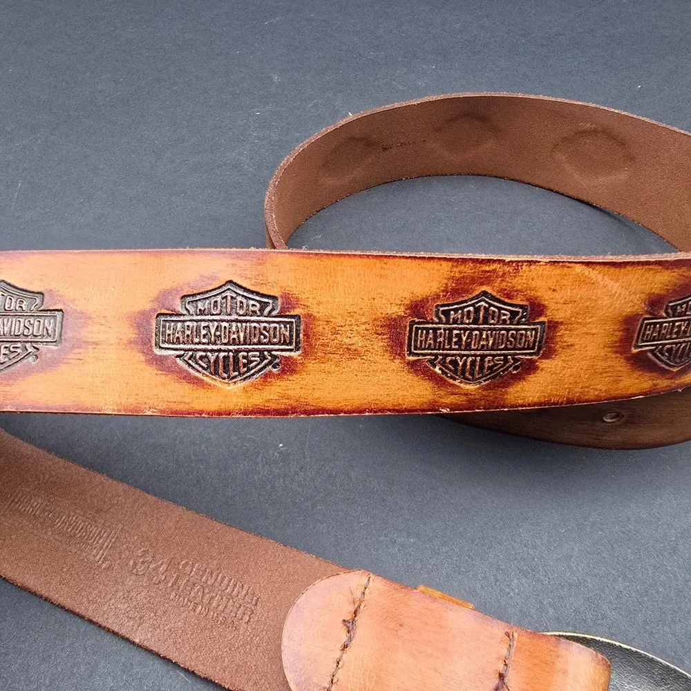 Harley-Davidson Mens Brown Leather Belt 34 Embossed Logo Oval Buckle Made in USA